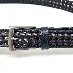Braided Leather Belt Mens Size 40/100 Brown Black Silver Tone Buckle‎ Casual